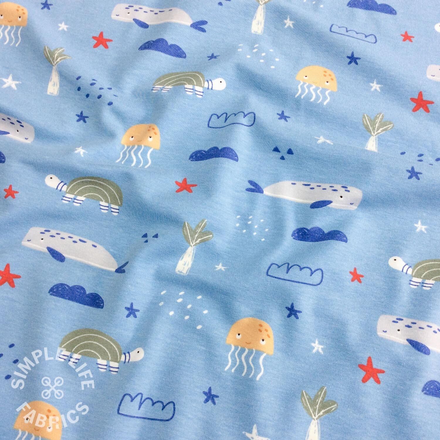 Sea creatures fish jellyfish whales jersey fabric