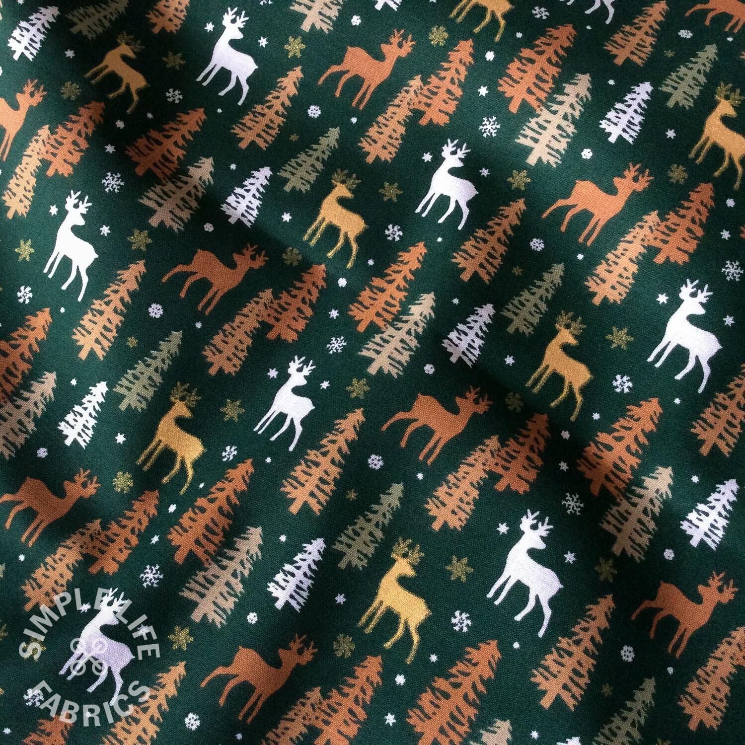 Stags Christmas glitter cotton fabric