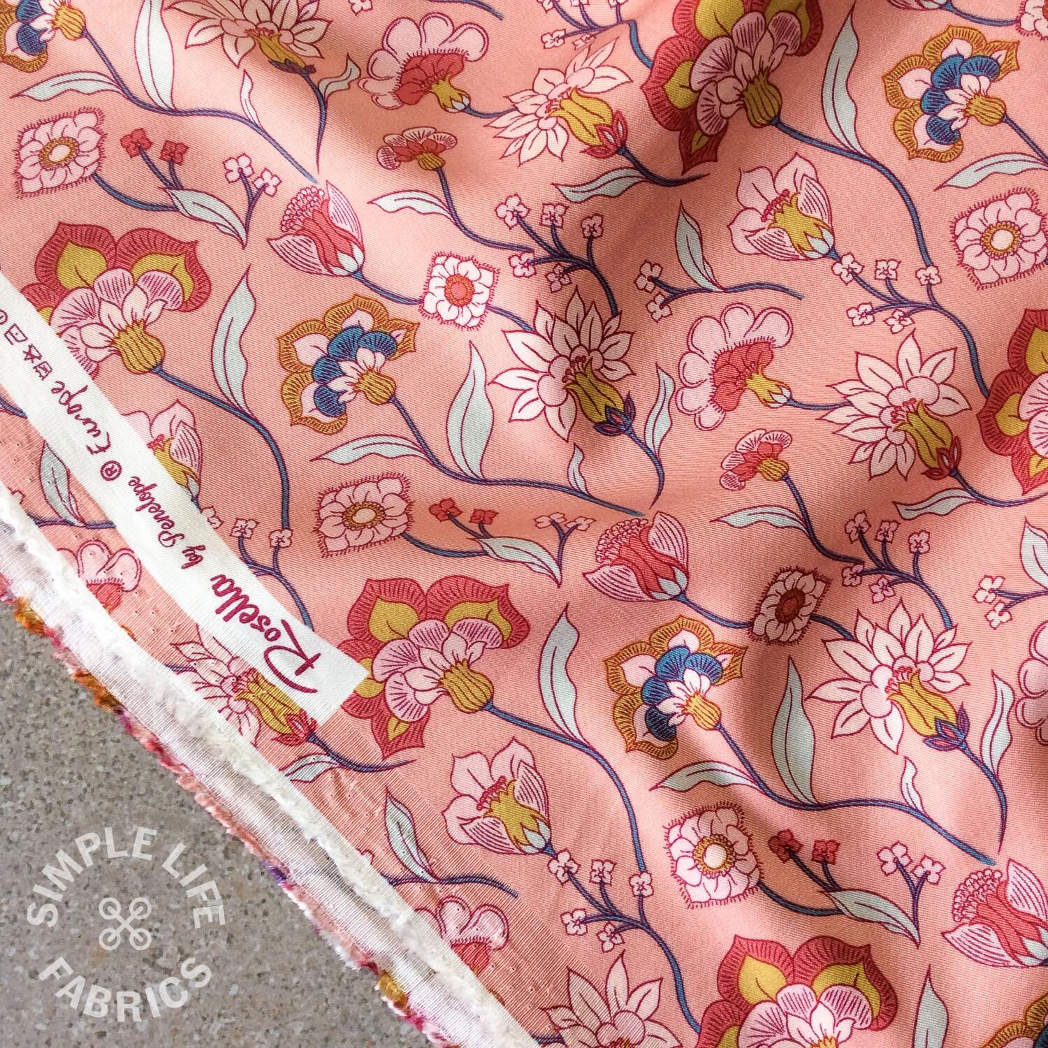 Delightful Morris-Style Floral viscose stretch fabric, Blush Pink