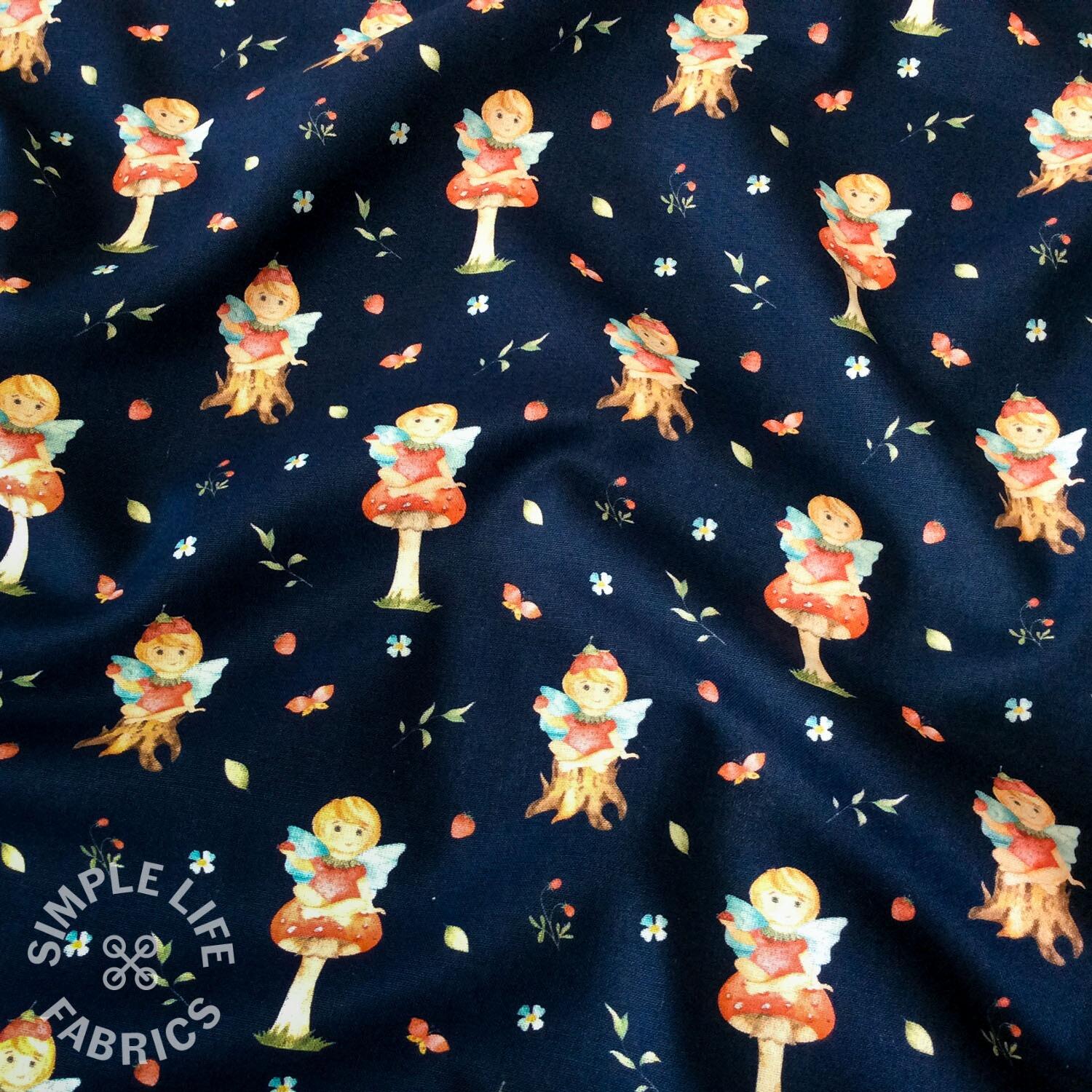 Elf fairy and toadstools cotton fabric, Dark Navy - Oeko-Tex - Per half ...