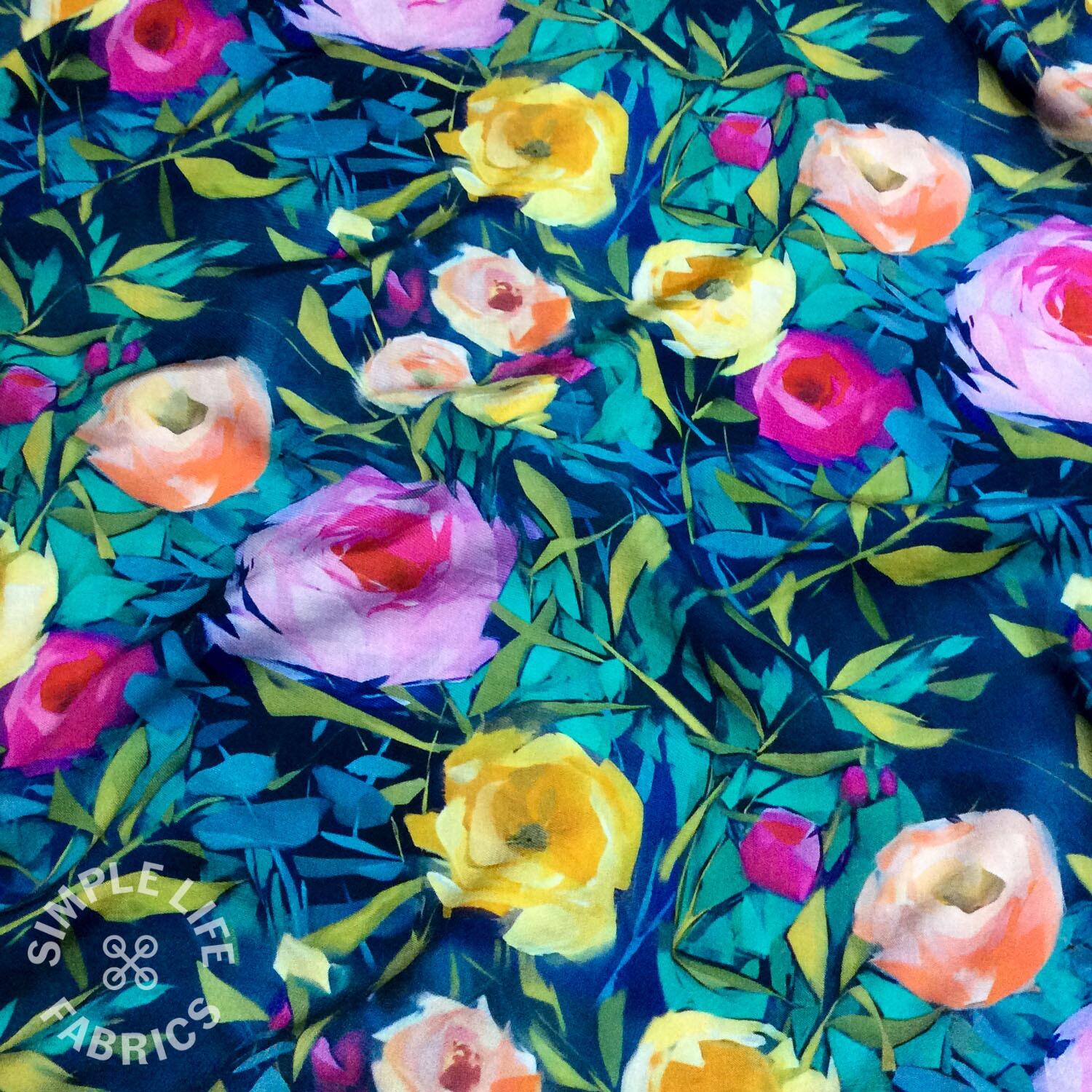 Viscose dress fabric floral rambling roses