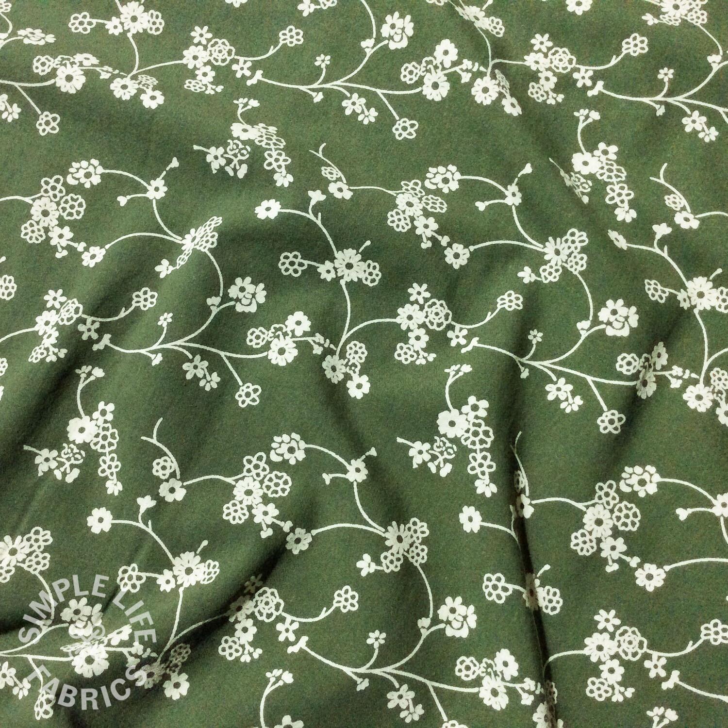 Washed cotton green trailing flowers dress fabric