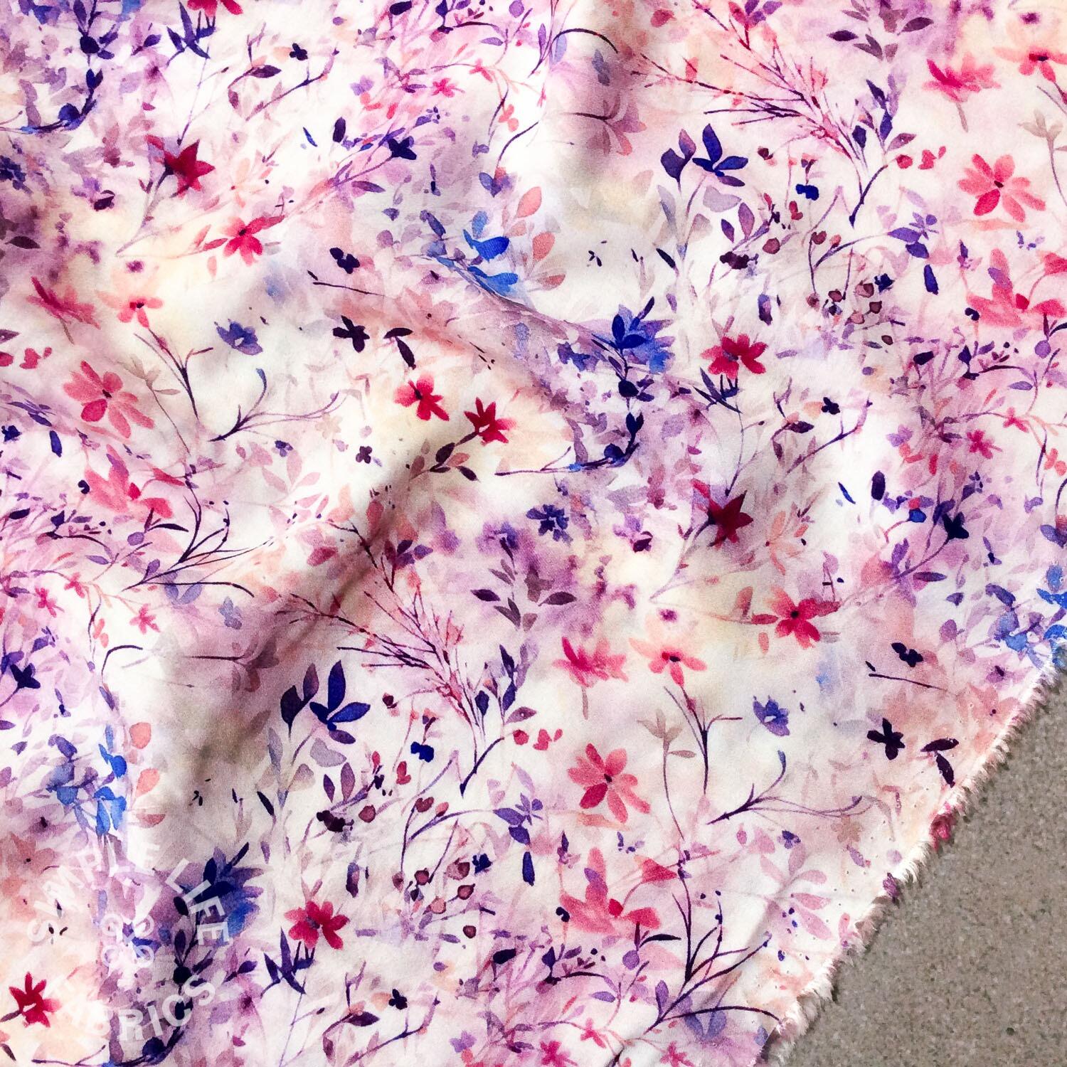 Delicate little wildflower meadow floral viscose dress fabric, Lilacs ...