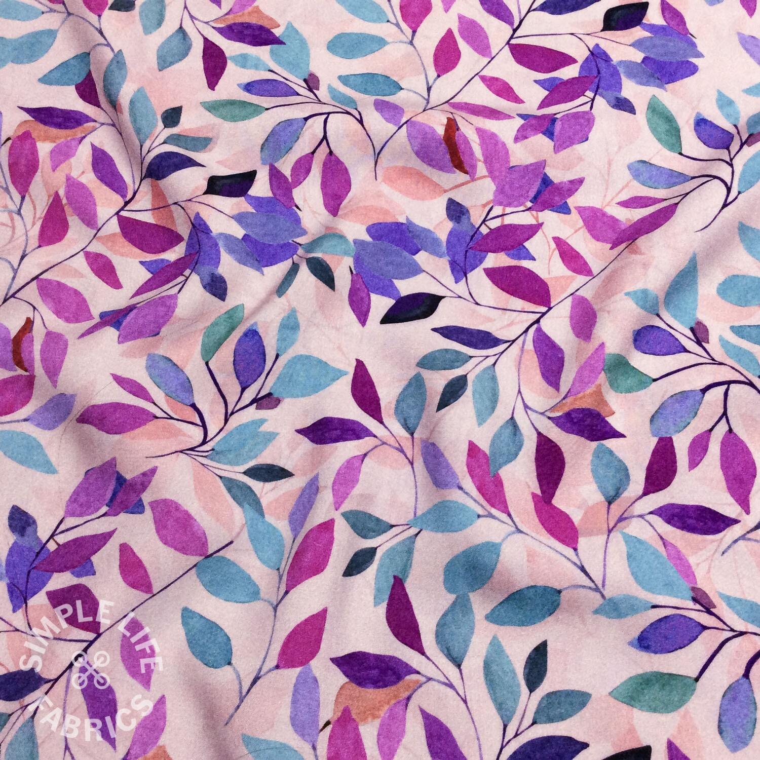 Leaf print floral viscose dress fabric lilac