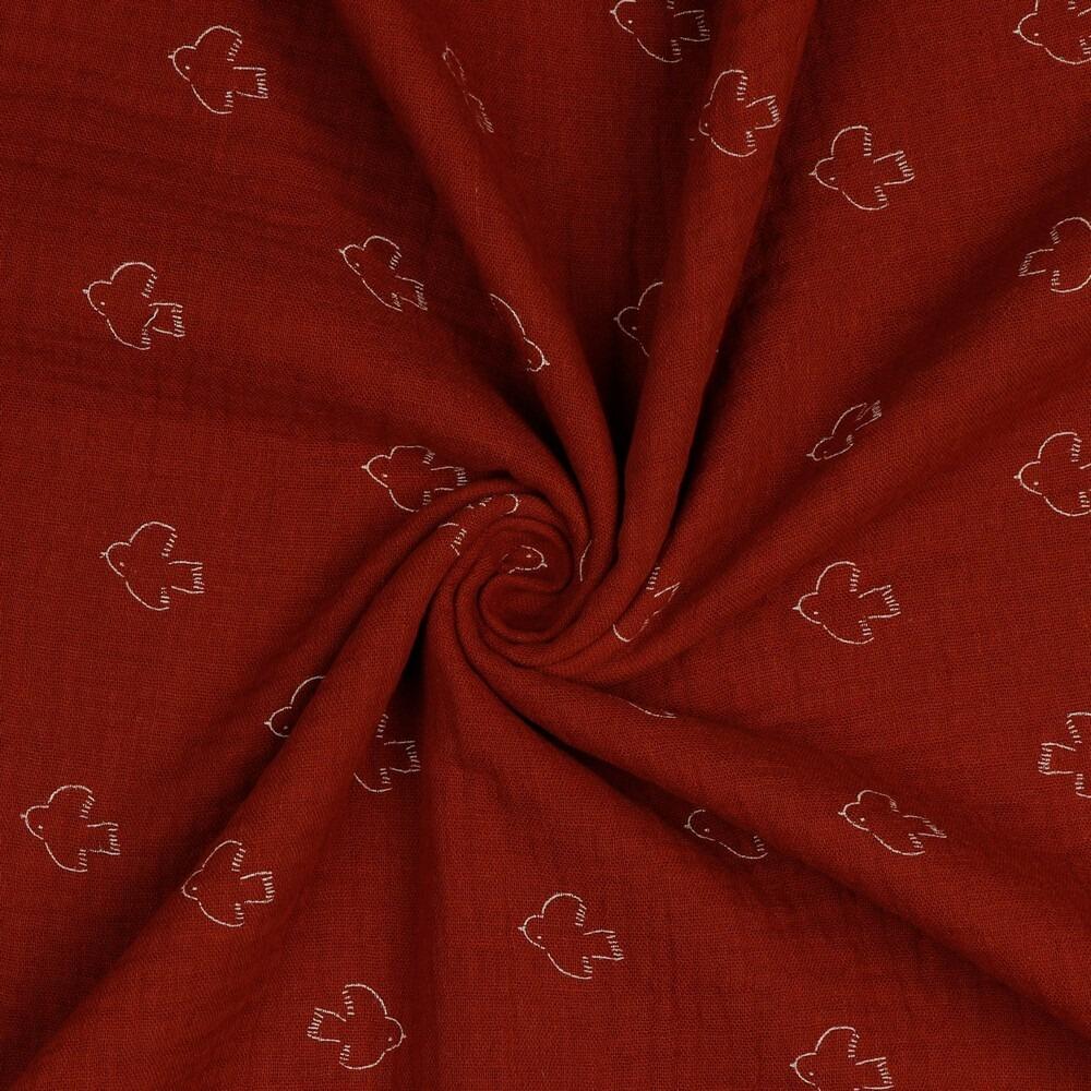 Rust red birds double gauze fabric