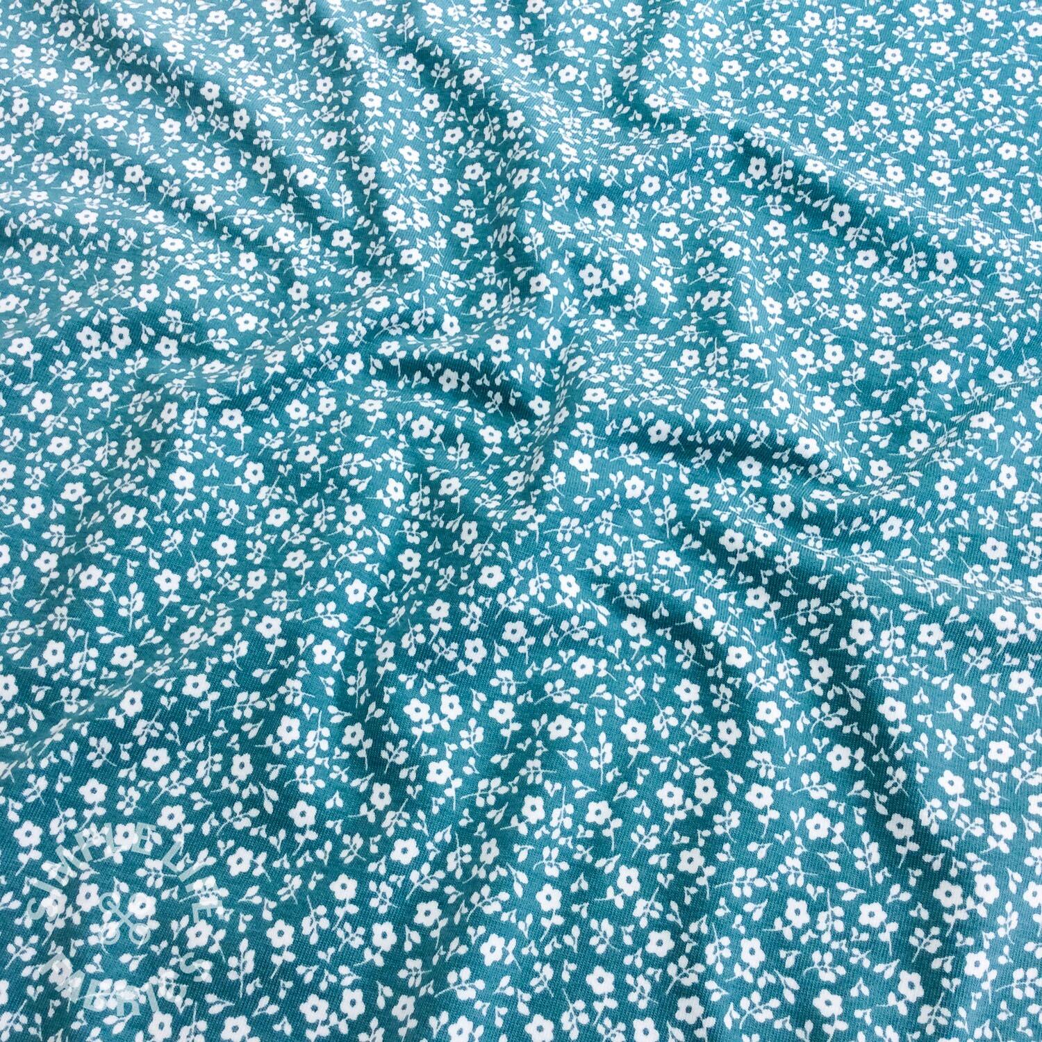cute tiny ditsy floral aqua jersey fabric