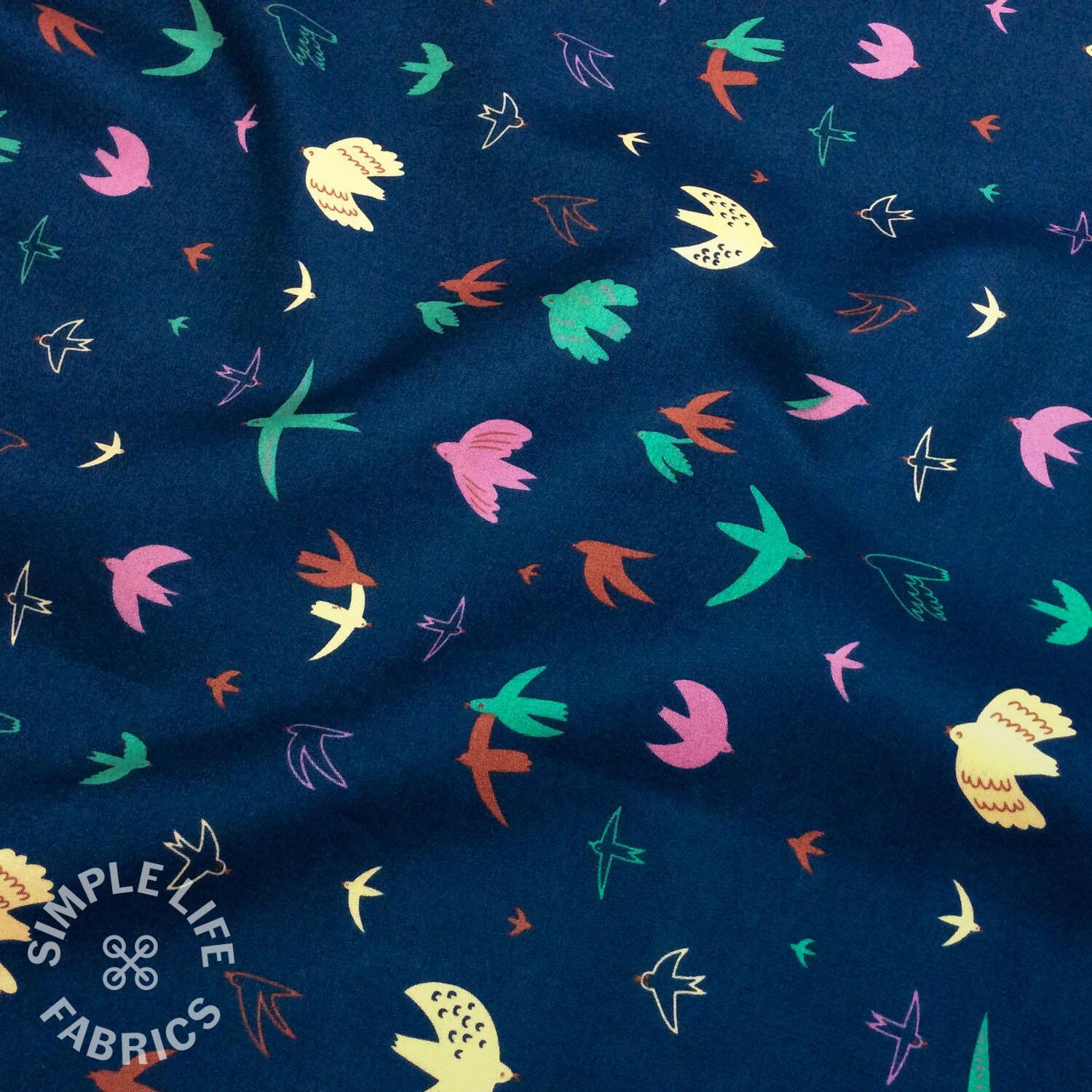 Birds navy blue fine cotton fabric