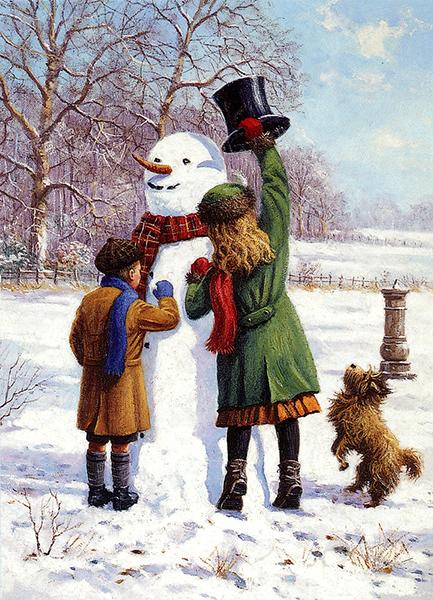 Building the Snowman - Nostalgic Christmas Card T001
