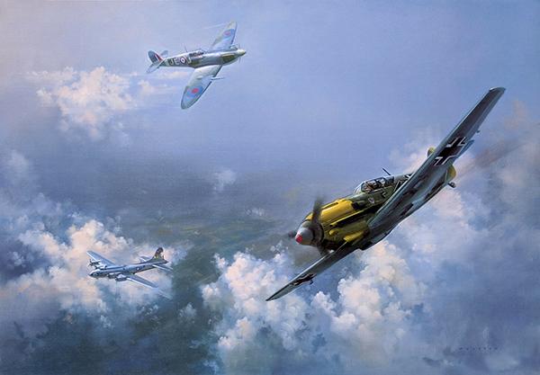 The Straggler by Frank Wootton - Spitfire & Me109 Bargain Print.
