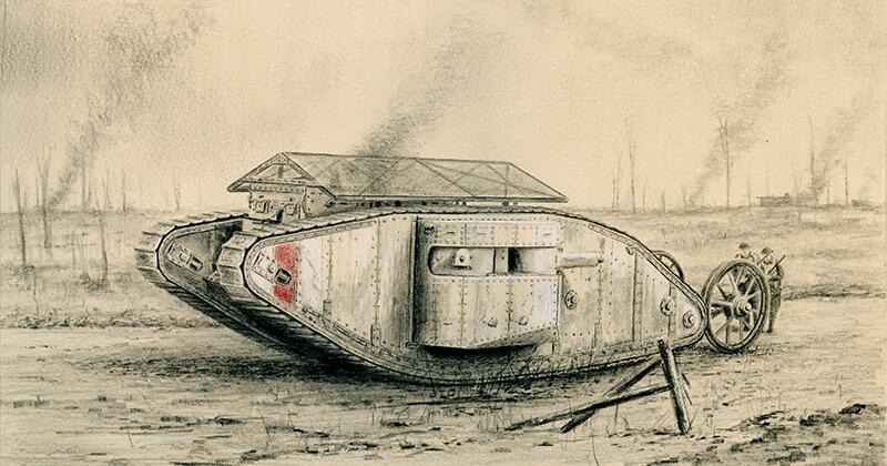 British Mark I Tank by Stephen Brown - Original WWI Military Drawing.