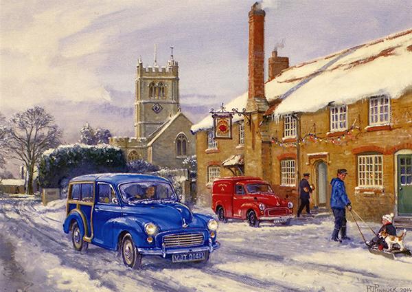 Winter Sun at Bradford Abbas  - Classic Car Christmas Card A042