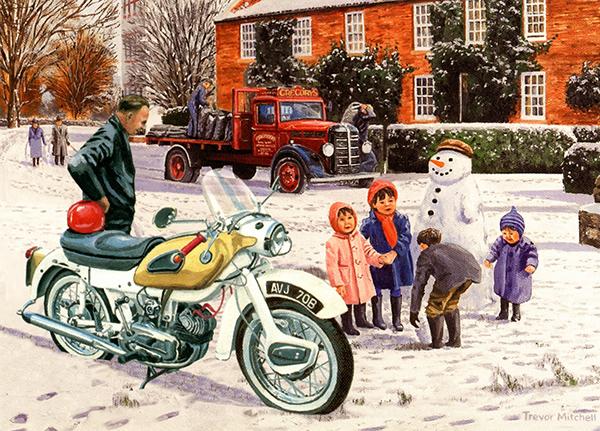 Ariel and the Snowman - Classic Motorcycle Christmas Card AM13