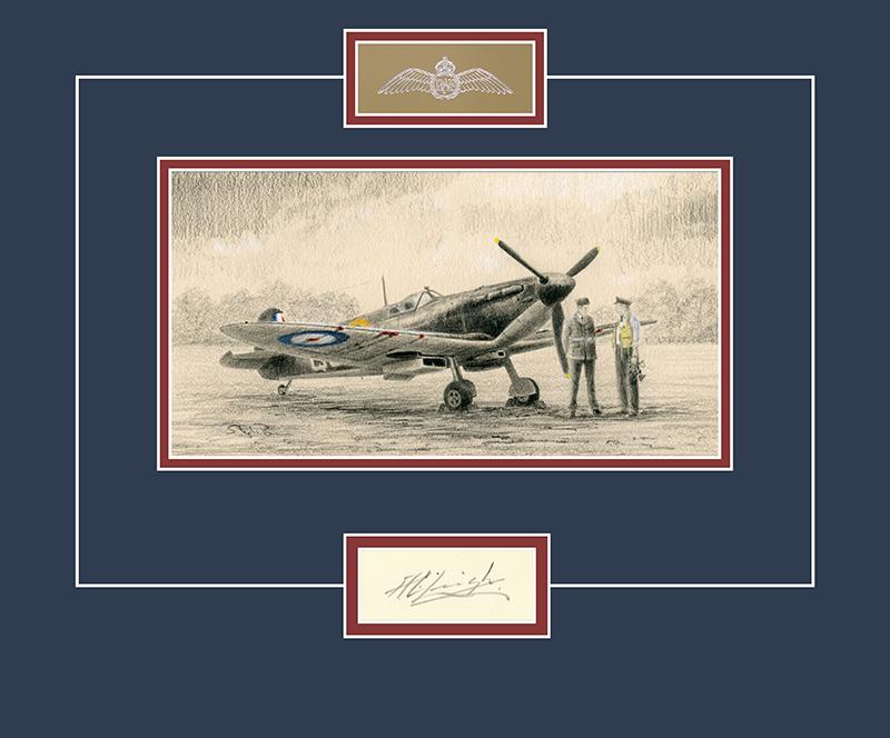 Arthur Leigh - WW2 RAF Pilot Original Signature - Spitfire Drawing
