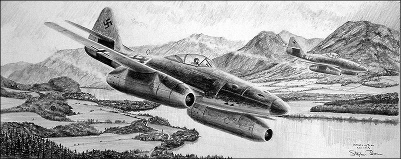 Me262s of JV44 Over Bavaria by Stephen Brown - Original Drawing