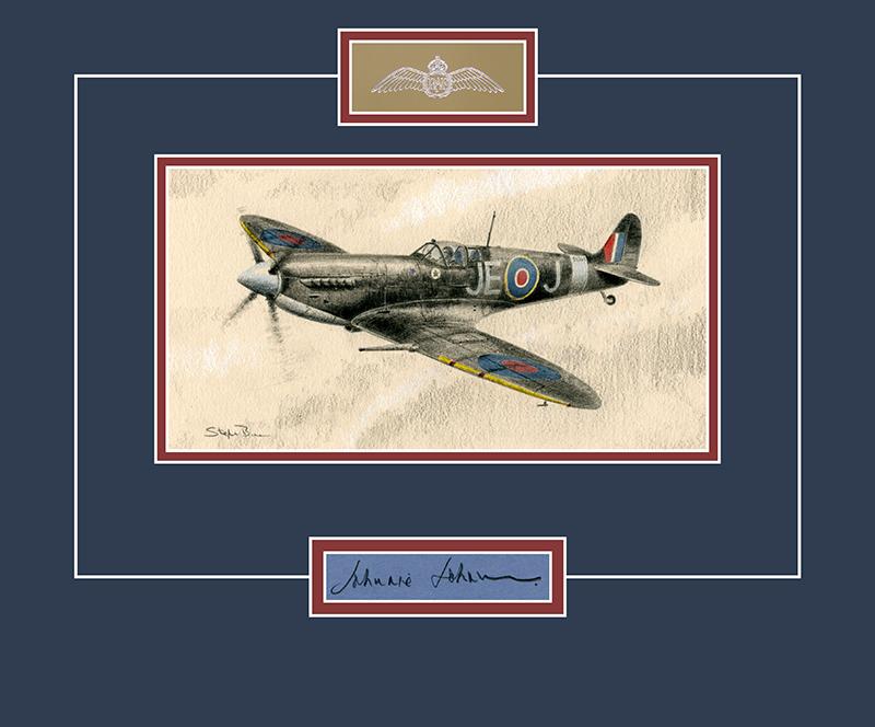 Johnnie Johnson - WW2 RAF Pilot Original Signature - Spitfire Drawing