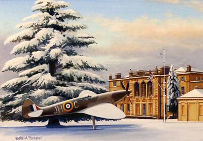 Snowed in at Bentley Priory - RAF Spitfire - Christmas card M291