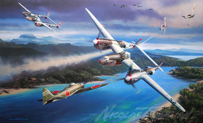 Pacific Glory by Nicolas Trudgian features P-38 Lightnings of the 475th FG.