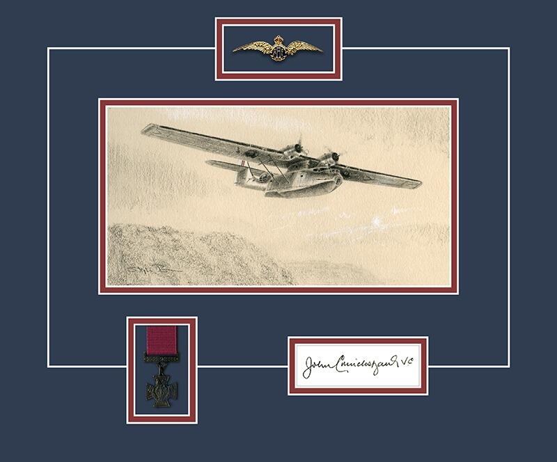 John Cruickshank VC - RAF Pilot Original Signature - Catalina Drawing