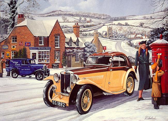 Catching the Post - Classic Car Christmas Card A004