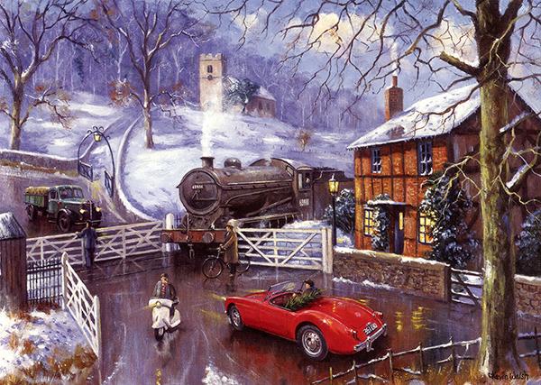 The Railway Crossing - Classic Motoring Christmas Card A024