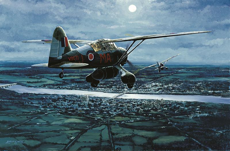 Lysanders of 161 Special Operations Squadron turn onto their final course to a clandestine landing field somewhere in central occupied France, during a full moon period in 1943.  Based at Tempsford, Bedfordshire and often operating from Tangmere to shorten the flight, the pilots flew a dead reckoning course to their first turning point, usually on the River Loire, using rudimentary navigating equipment.  The moonlit town of Blois is easily distinguishable by its chateau, churches and bridge with the Forest of Chambord beyond.  The agents in the rear cockpit prepare themselves by torchlight for the forthcoming landing.  Each print in Philip West's Limited Edition, Loire Rendevouz, is signed by four highly distinguished Lysander pilots: Flt. Lt Peter Arkell, OBE, USAF Medal of Distinction Flt Lt. Murray Anderson, DFC*, US Air Medal Flt. Lt. R G 'Bob' Large, DFC, Legion d'honneur Sir Lewis Hodges, KCB, CBE, DSO, DFC.Subject: Special Operations Westland Lysander.