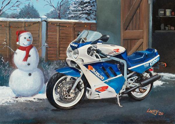 Slingshot in the Snow - Suzuki GSX-R 70 Motorbike Christmas Card