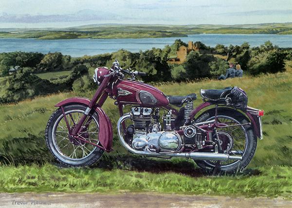 a 1950s 997cc OHV four cylinder Ariel Square Four on the banks of Lough Erne in Scotland.