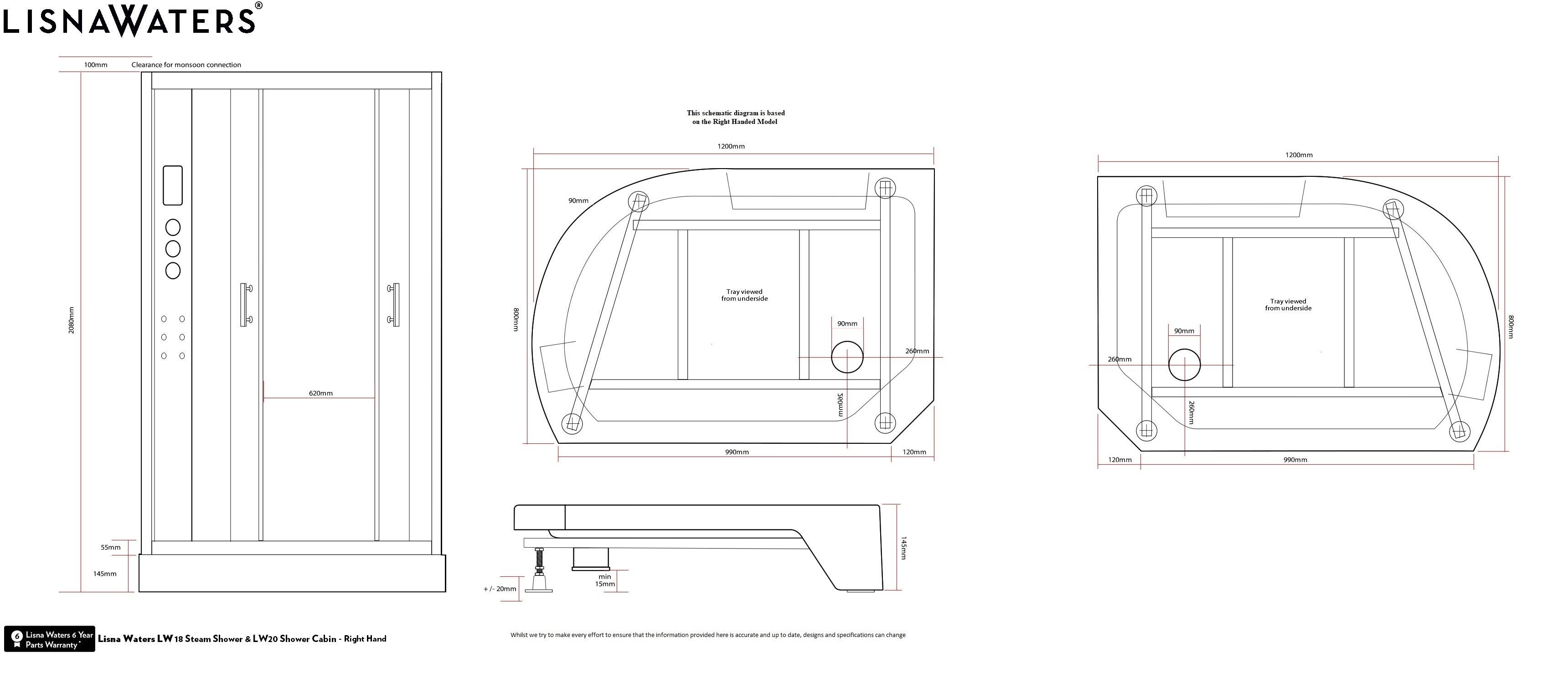 Lisna Waters LW18 1200 x 800 Steam Shower Cabin Right Handed White Offset  Quadrant Enclosure