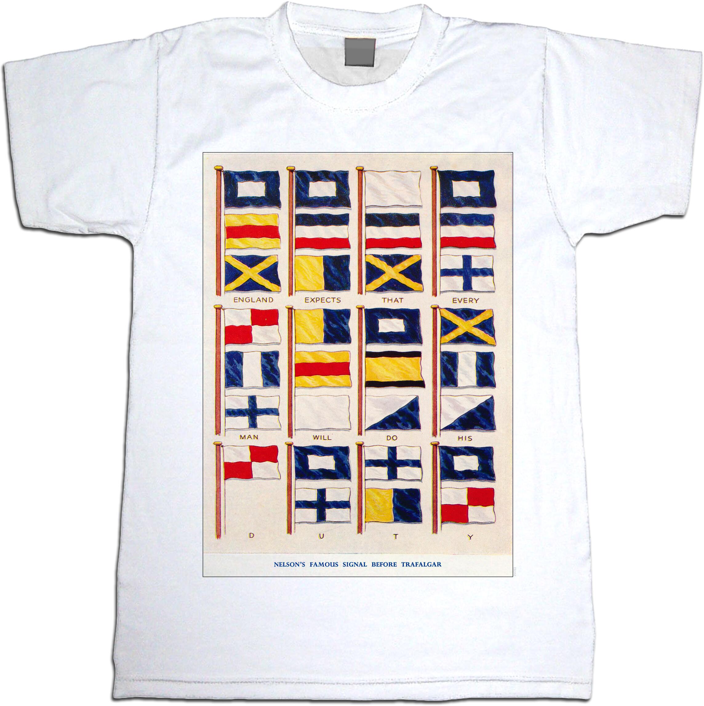 England Expects Nelsons Famous Message On Signal Flags : Art Print £7.99 /  Framed Print £22.99 / T-Shirt £12.99 / Shopping Bag £8.99