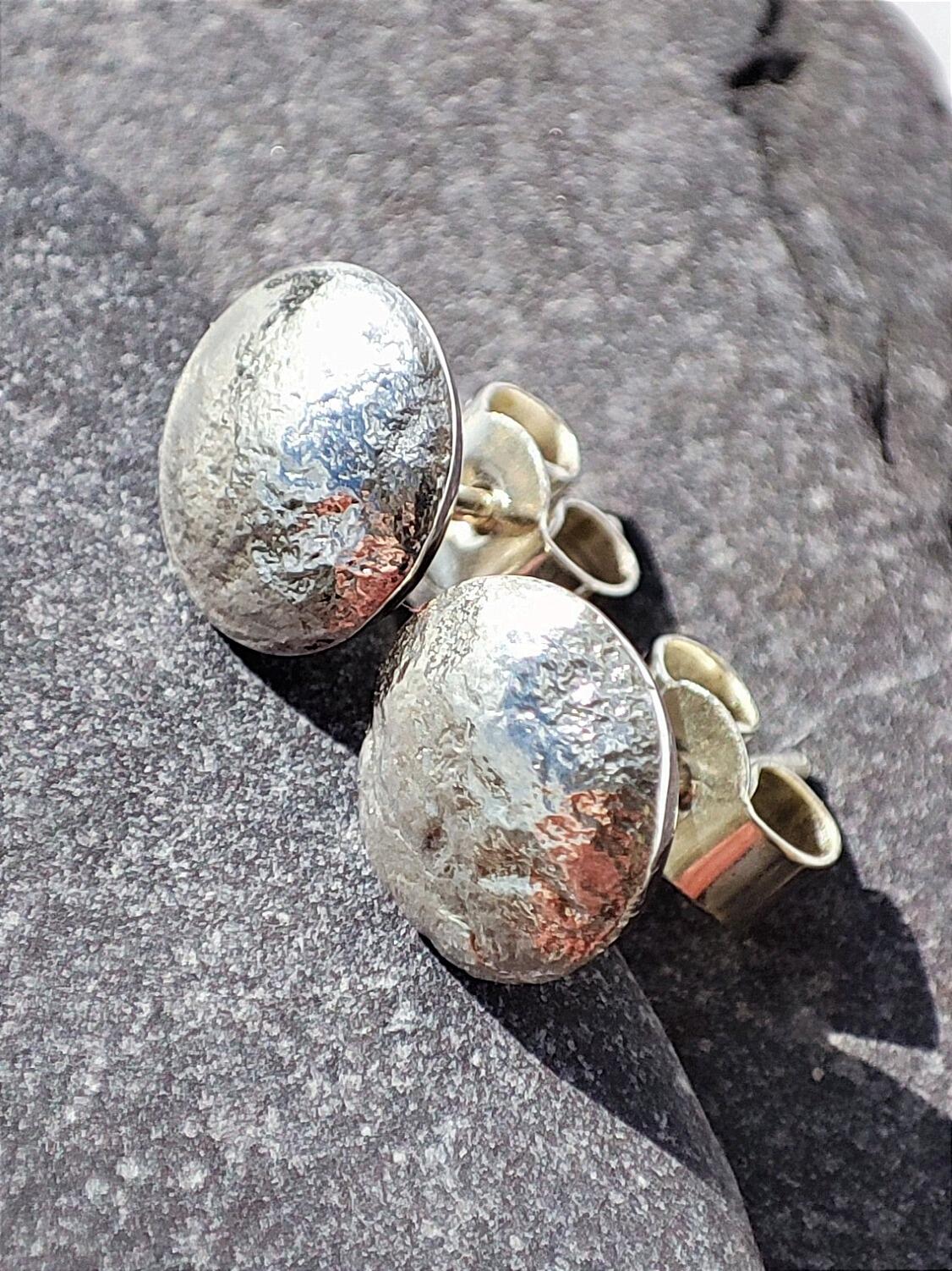 Recycled Sterling Silver Stud Earrings with reticulated surface and high shine polish