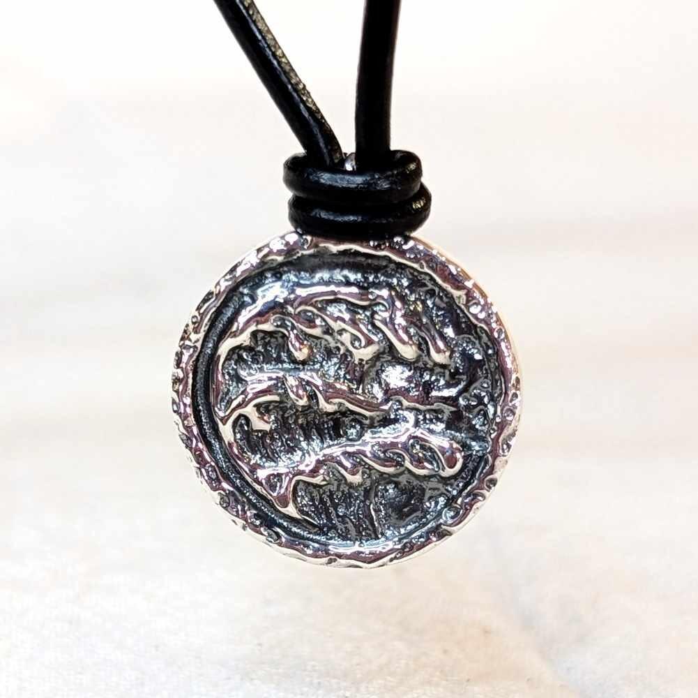 Chunky Recycled Sterling Silver Crashing Wave Coin pendant on 2mm Black Leather Cord, handmade in Scotland
