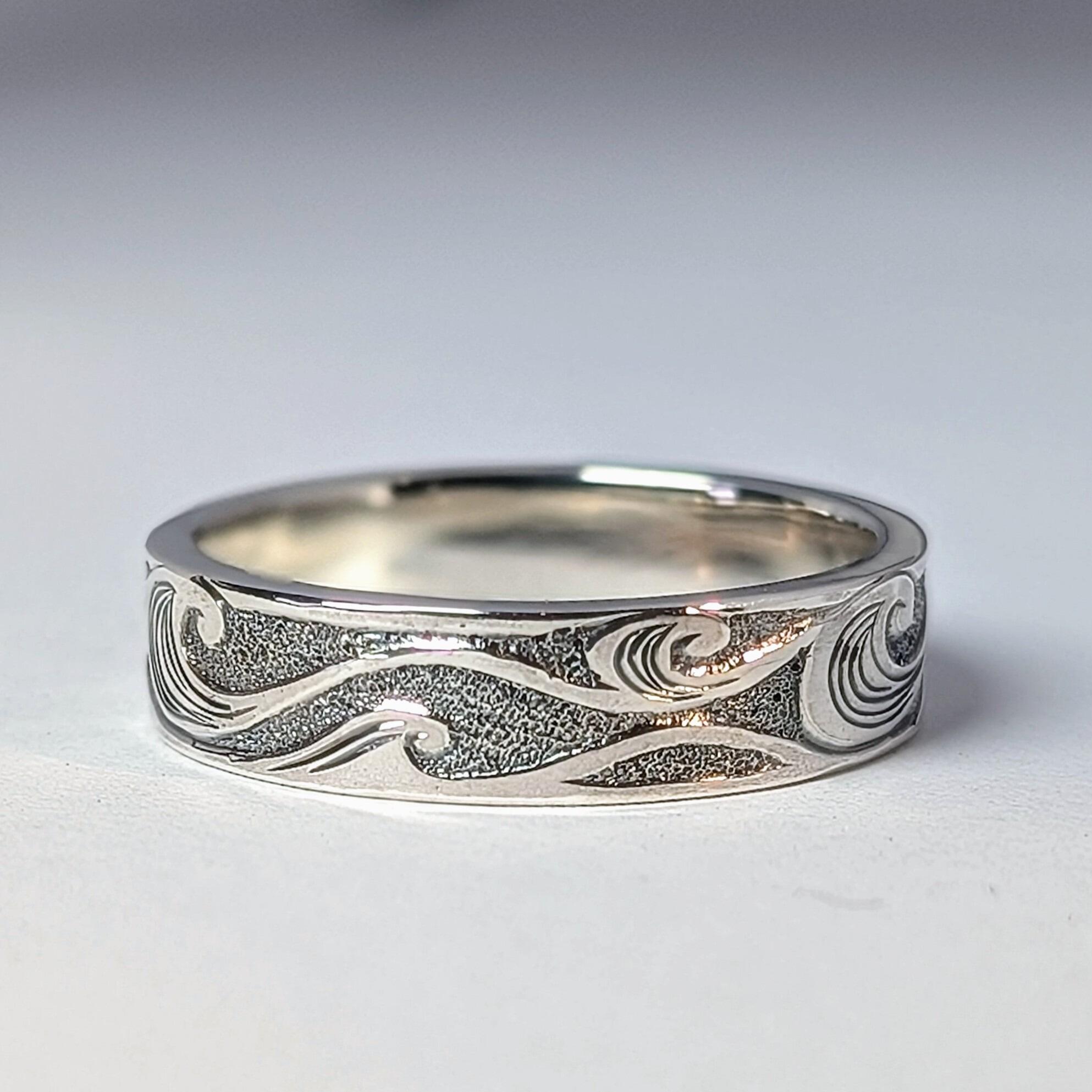 Curling Waves hand engraved ring, handmade with recycled sterling silver