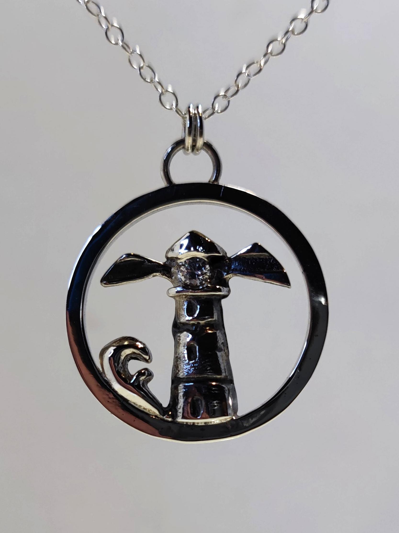 Sterling Silver Lighthouse Pendant with CZ