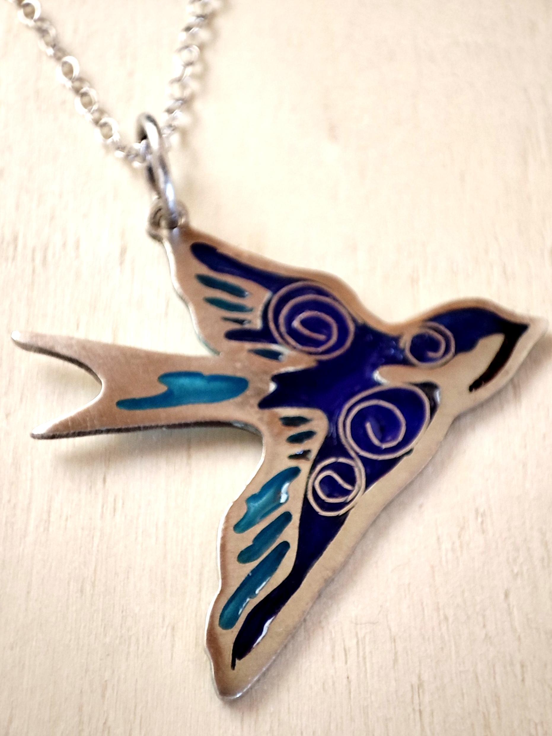 Sterling Silver Plique a Jour Swallow Pendant