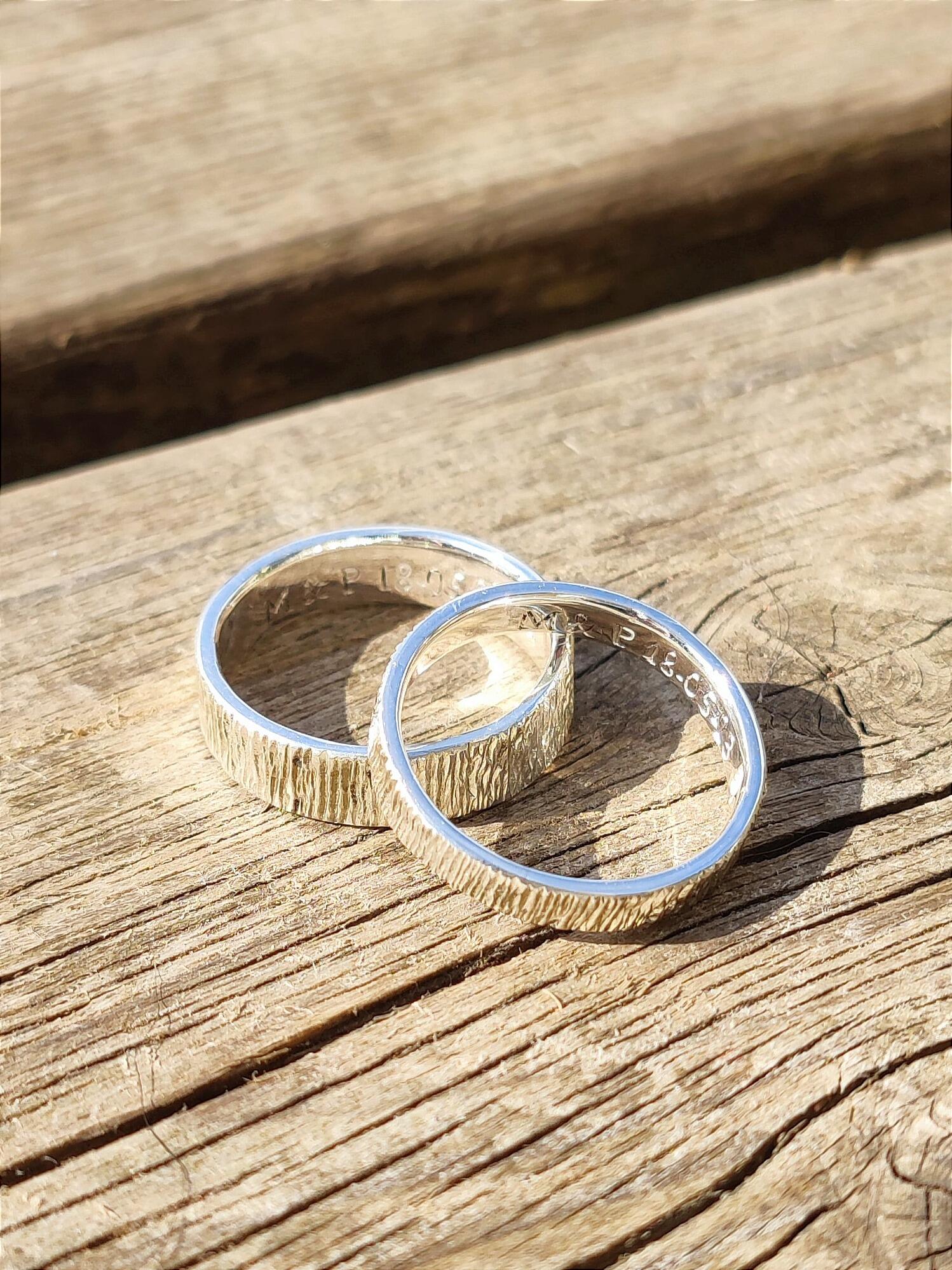 Bark Texture Wedding band set with high polish, handmade from recycled sterling silver.