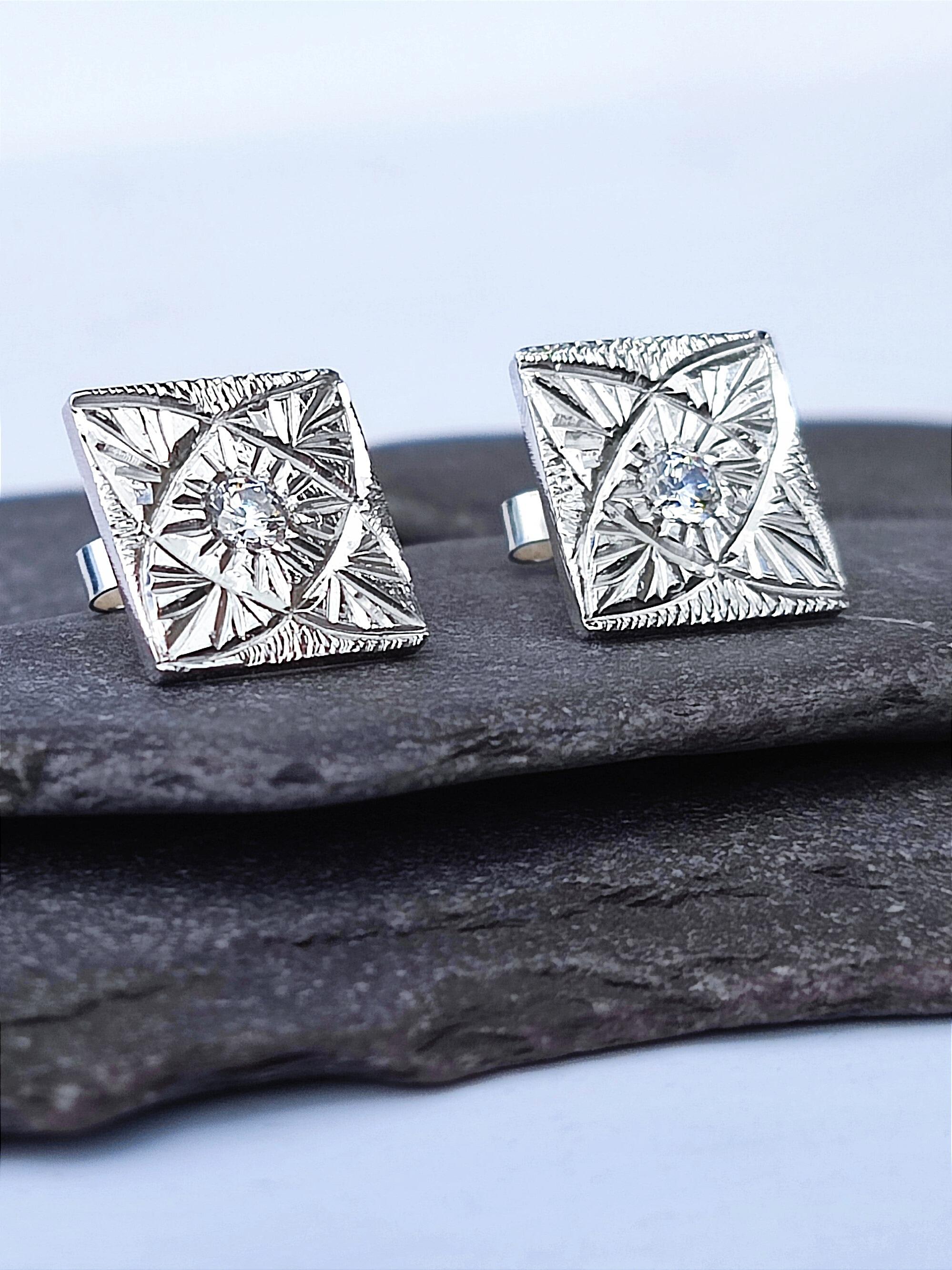 Hand Engraved Square Stud Earrings, with Cubic Zirconia
