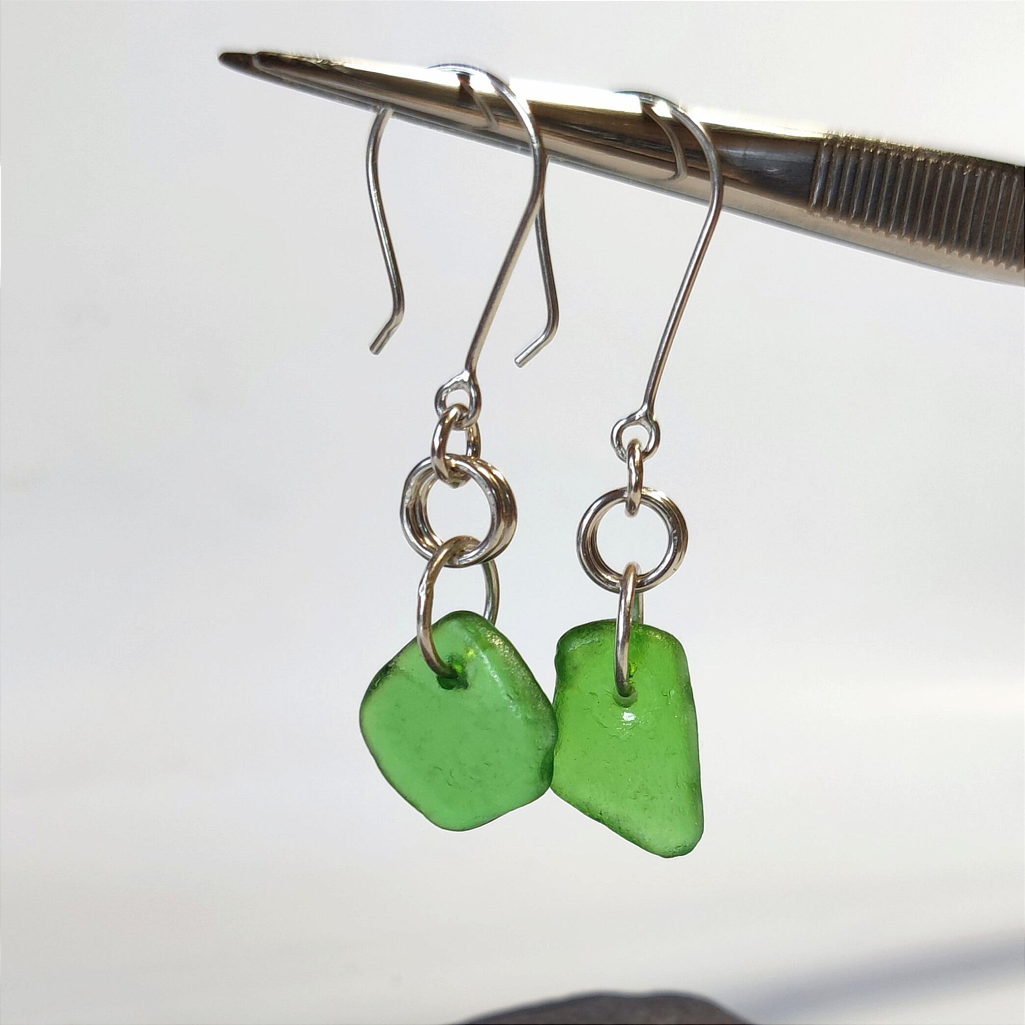 Green Sea Glass Drop Earrings with Sterling Silver fittings
