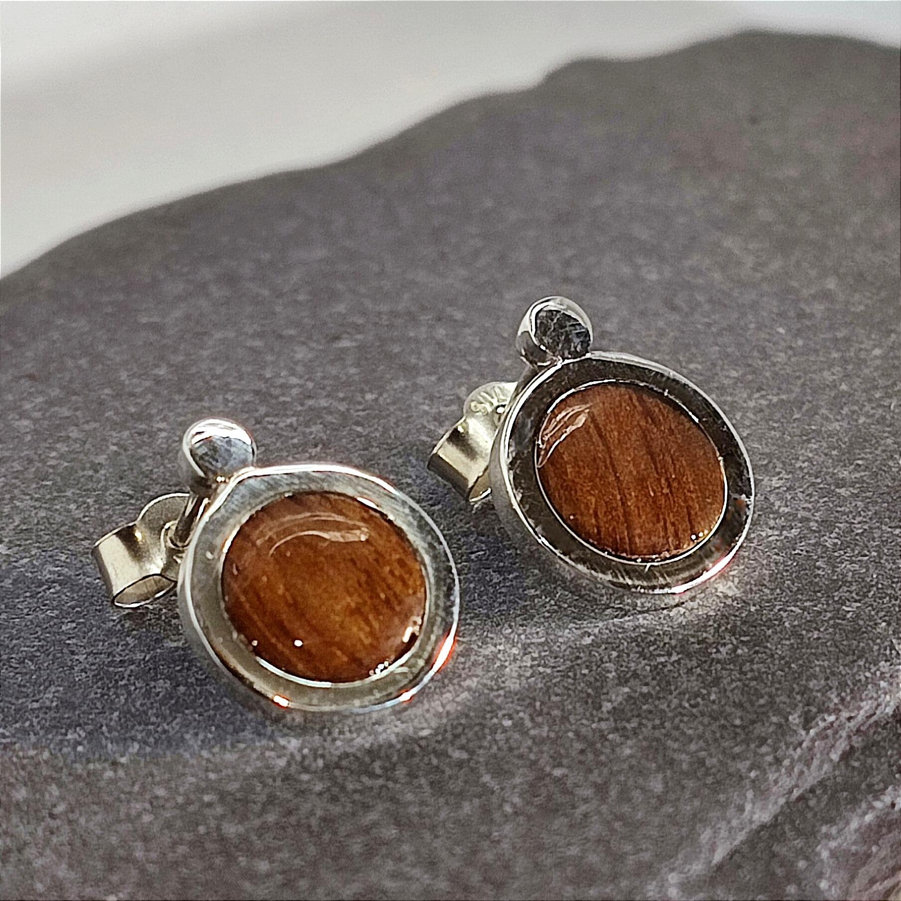Oak Inlay Stud Earrings, handmade with Scottish Oak and Sterling Silver, high polish finish.