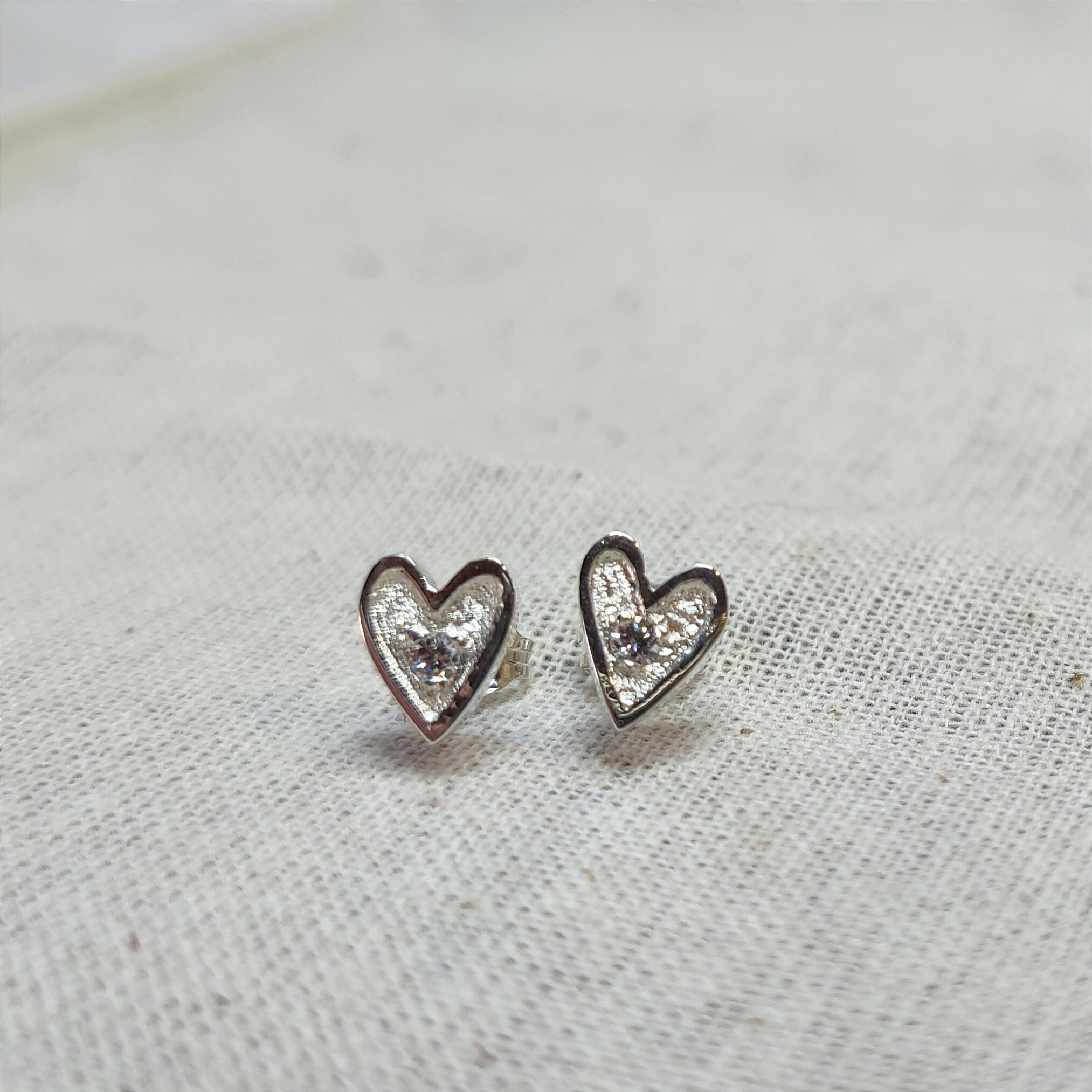 Heart Stud Earrings with single grain set 2mm cubic zirconia