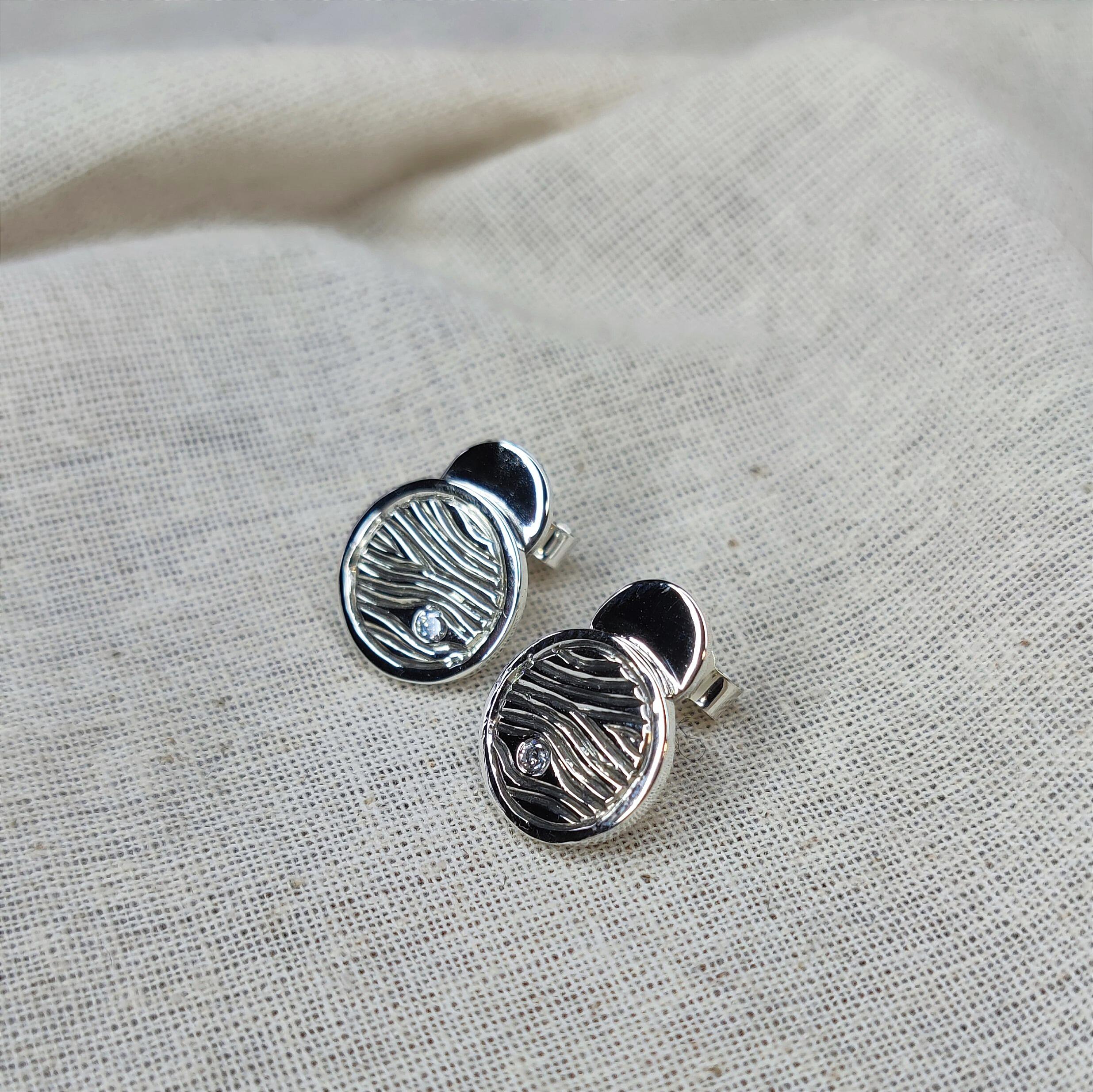 Hand Engraved Shimmer Stud Earrings with Cubic Zirconia, handmade with recycled sterling silver