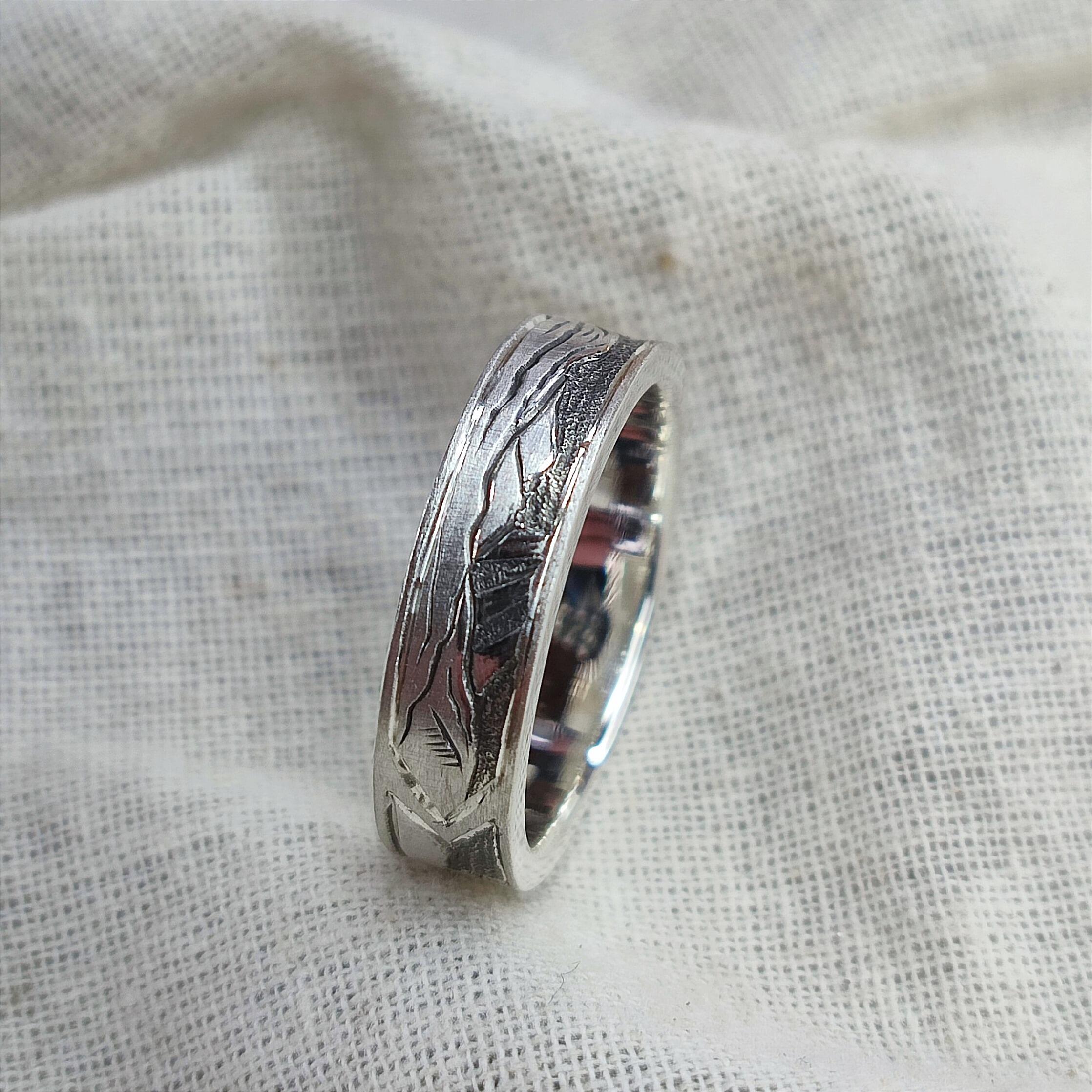 Hand Engraved Mountain Ring, a view from Westermoy, handmade with recycled sterling silver