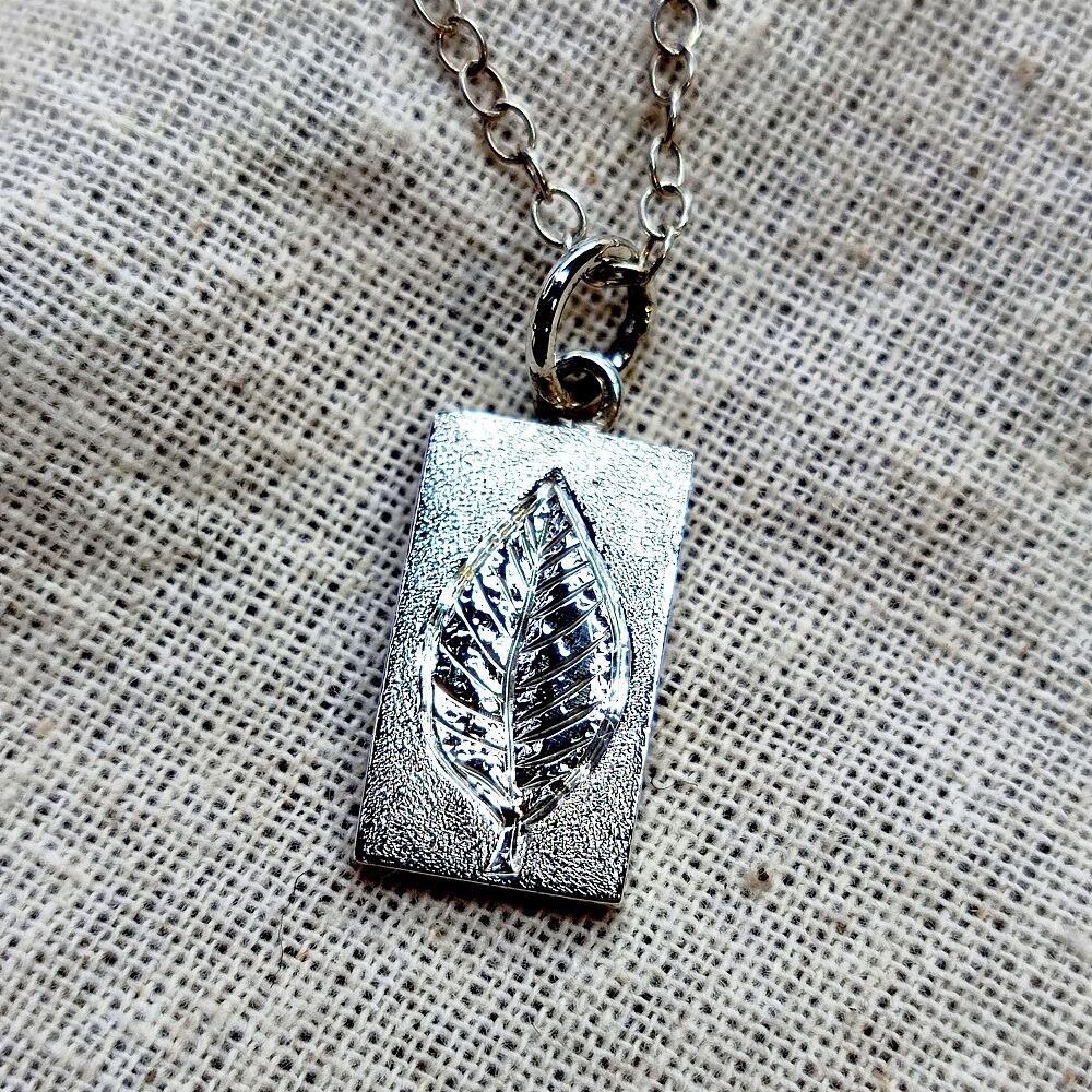 Hand Engraved Rectangular Birch Leaf Pendant