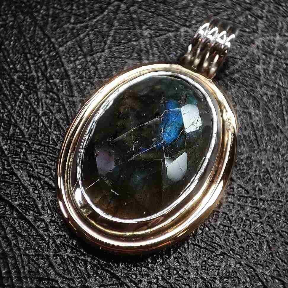 Oval Labradorite Pendant handmade in recycled sterling silver and 14ct gold filled wire