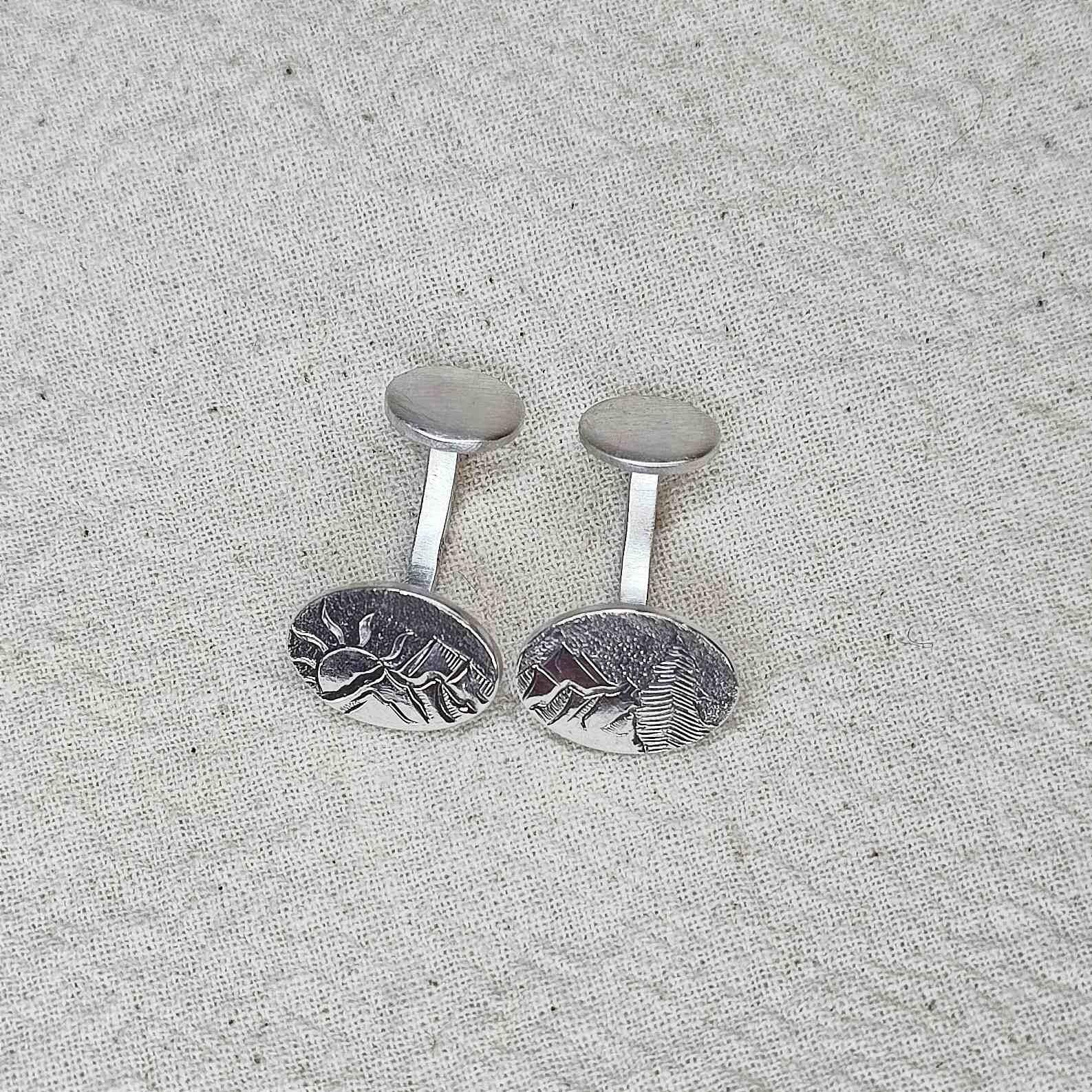 Handmade Recycled Sterling Silver Cufflinks with Engraved Scottish Mountains and Brush Finish, made in Scotland