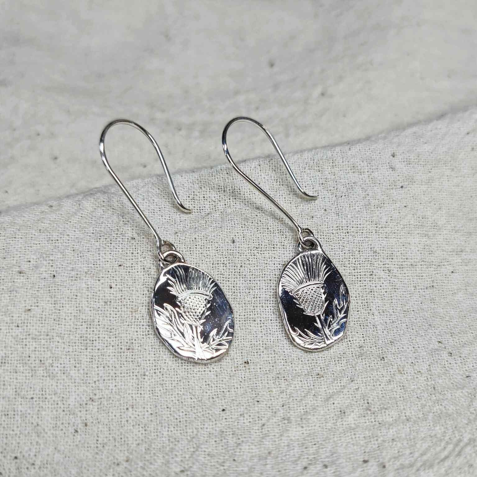 Pebble Drop Earrings with hand engraved Scottish Thistle design with high polish finish handmade with recycled sterling silver