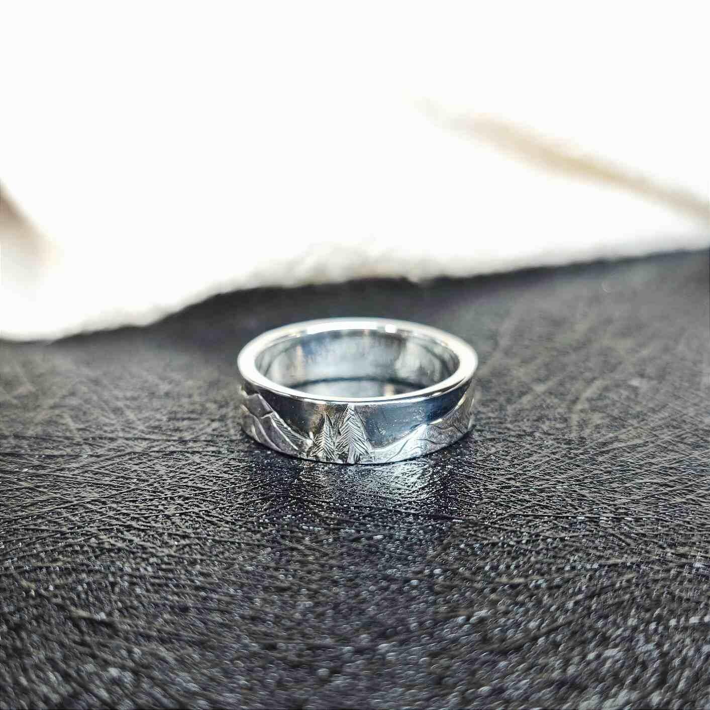 Wide Band Ring with Hand Engraved Scottish Mountains, Sun and Trees, handmade in Sterling Silver