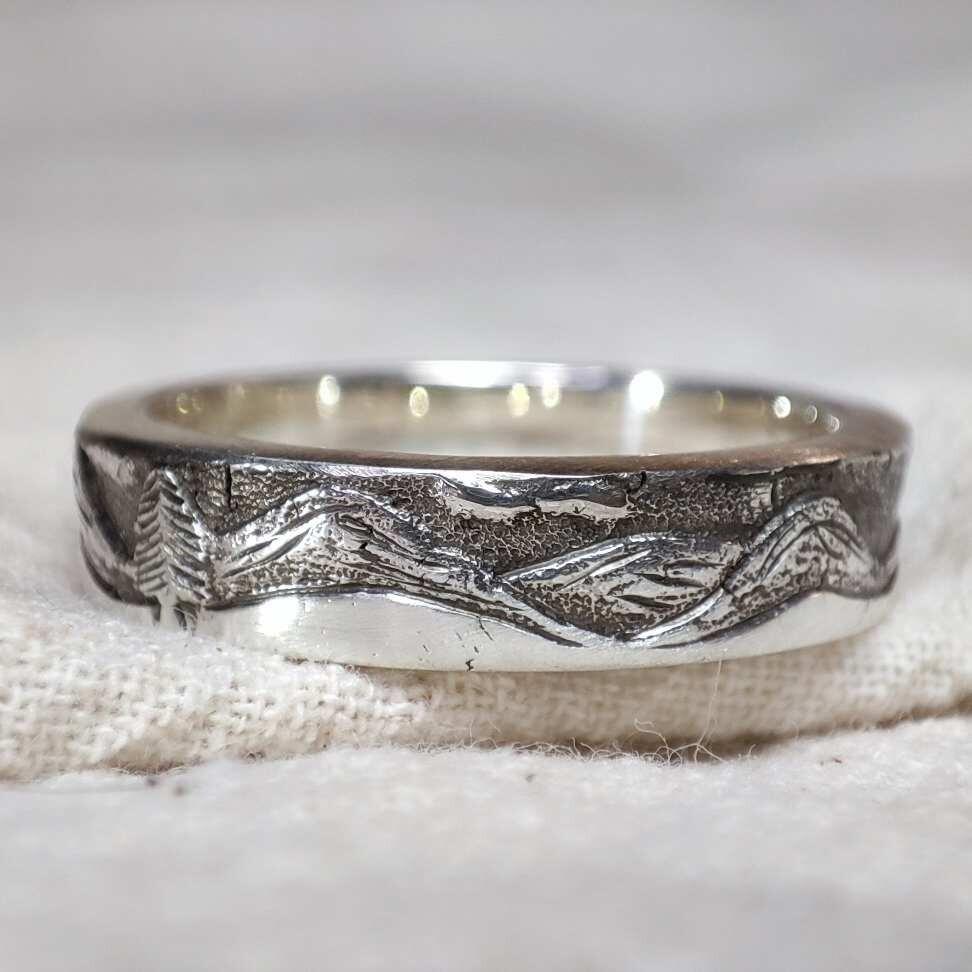 Hand Engraved Three Tree Mountain Ring, handmade with recycled sterling silver