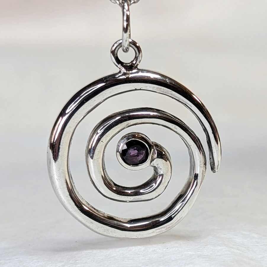 Sterling Silver Spiral Pendant with 4mm Ruby, infinity spiral, Celtic spiral necklace, handmade in Scotland