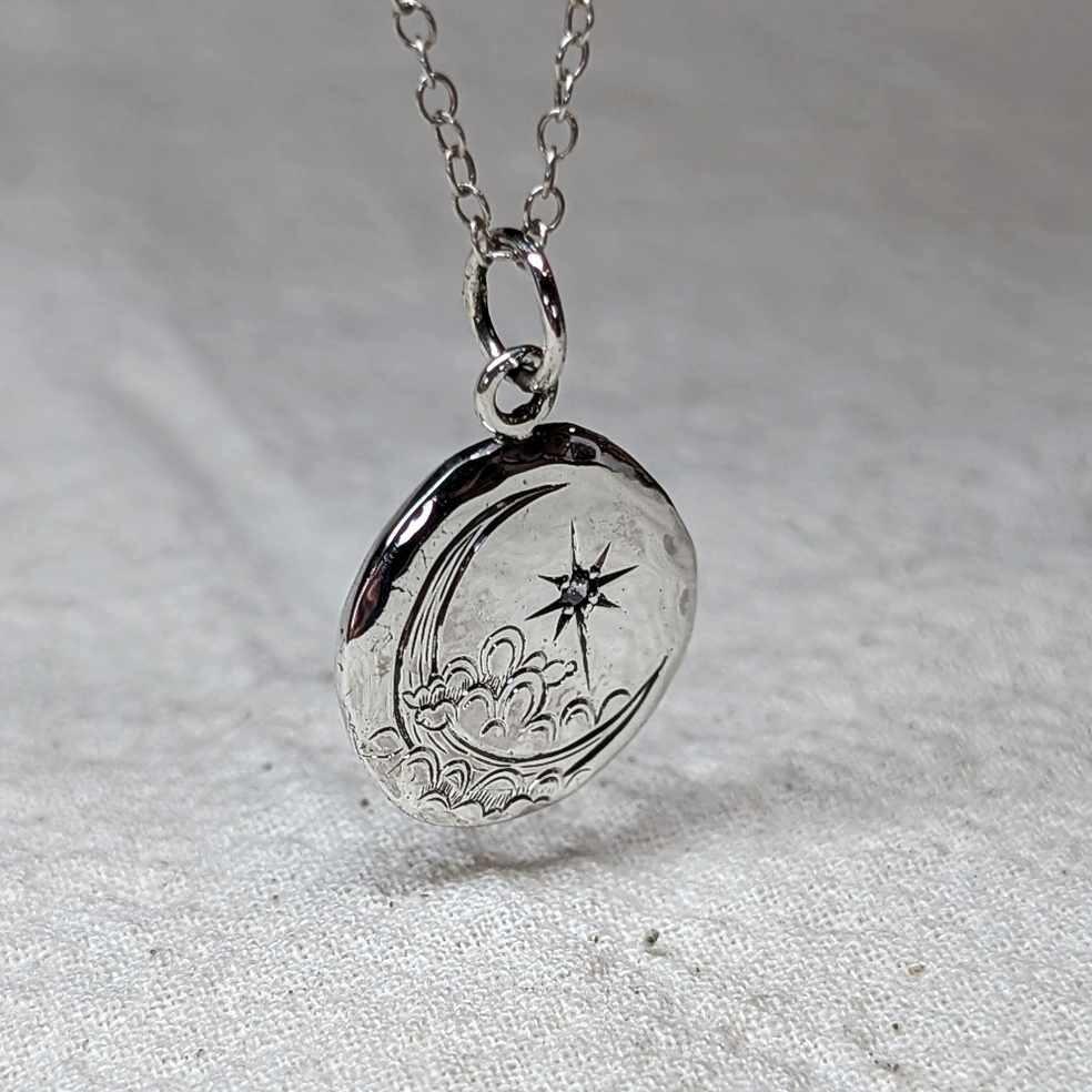 Hand Engraved Moon and Star Nugget Pendant, with 2mm cubic zirconia, handmade in Scotland with recycled sterling silver
