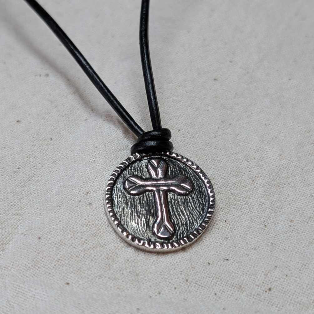 Chunky Recycled Sterling Silver Cross Coin pendant on 2mm Black Leather Cord, handmade in Scotland